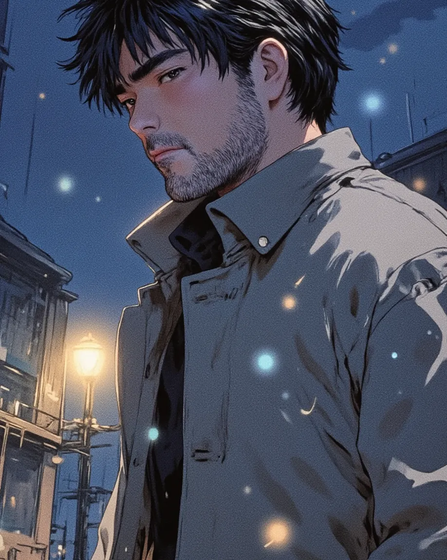 high resolution, rich contrast, best quality, anime style, Yossan , 1boy , solo
BREAK
(Walking in the Wind),  night city, wind, trench coat, hair, Fluttering , Street lamp,  after the rain, Sadness, stylish