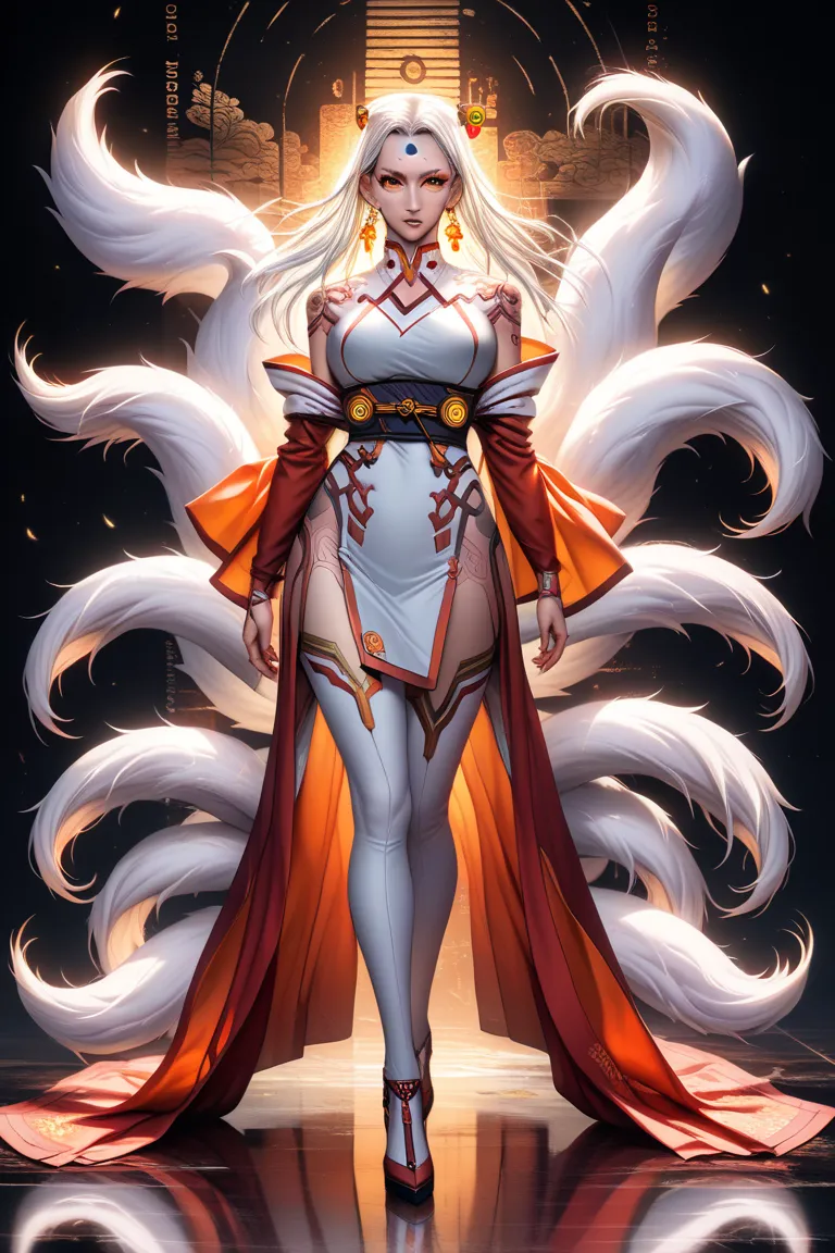 REALISTIC VISION 1.4, BETTER VAE,sharp focus, ultra detail, 32k,realistic photo, intricate details, (kitsune:1.4) , blond hair, (blond hair), orange eyes, intricate details ,woman, nine tails, intricate details,intricate details,big , Voluptuous body, intr...