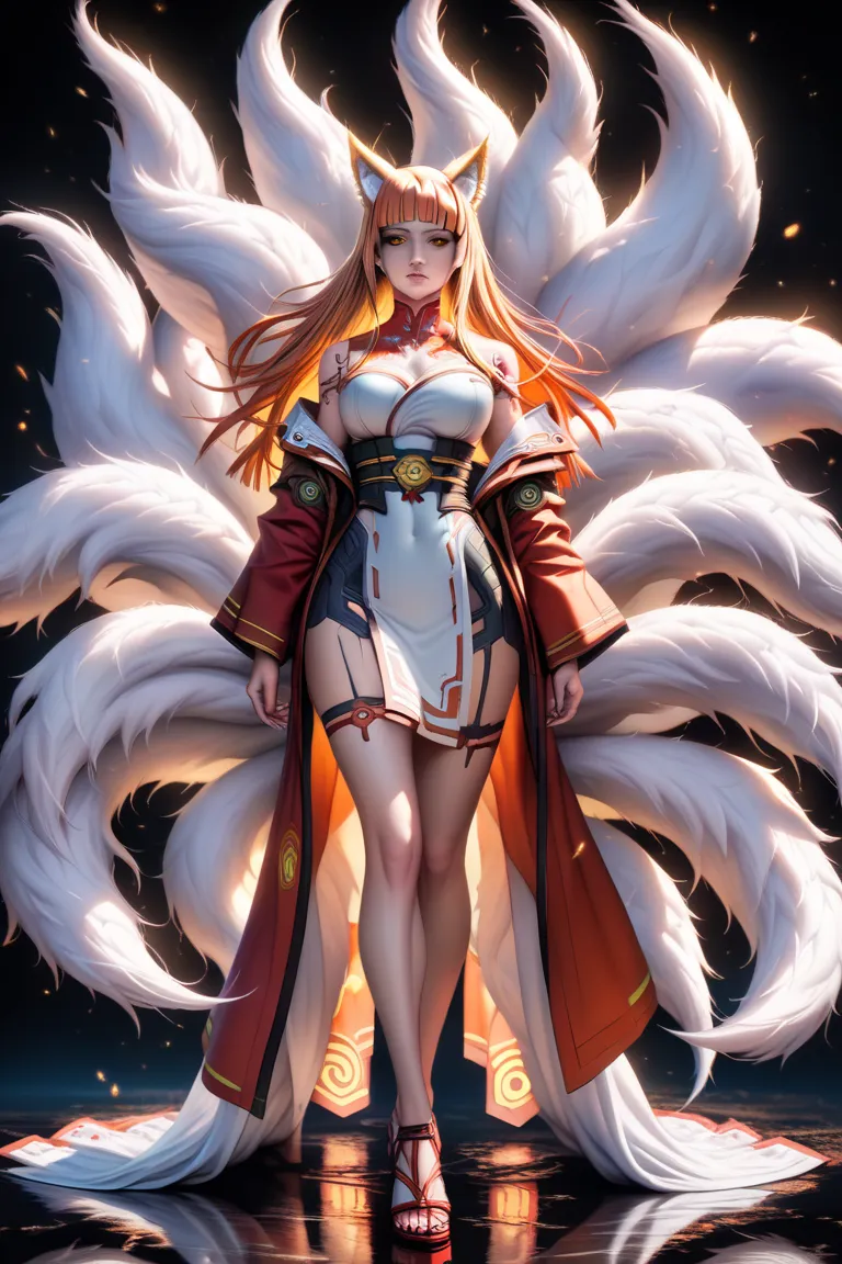 REALISTIC VISION 1.4, BETTER VAE,sharp focus, ultra detail, 32k,realistic photo, intricate details, (kitsune:1.4) , blond hair, (blond hair), orange eyes, intricate details ,woman, nine tails, intricate details,intricate details,big , Voluptuous body, intr...