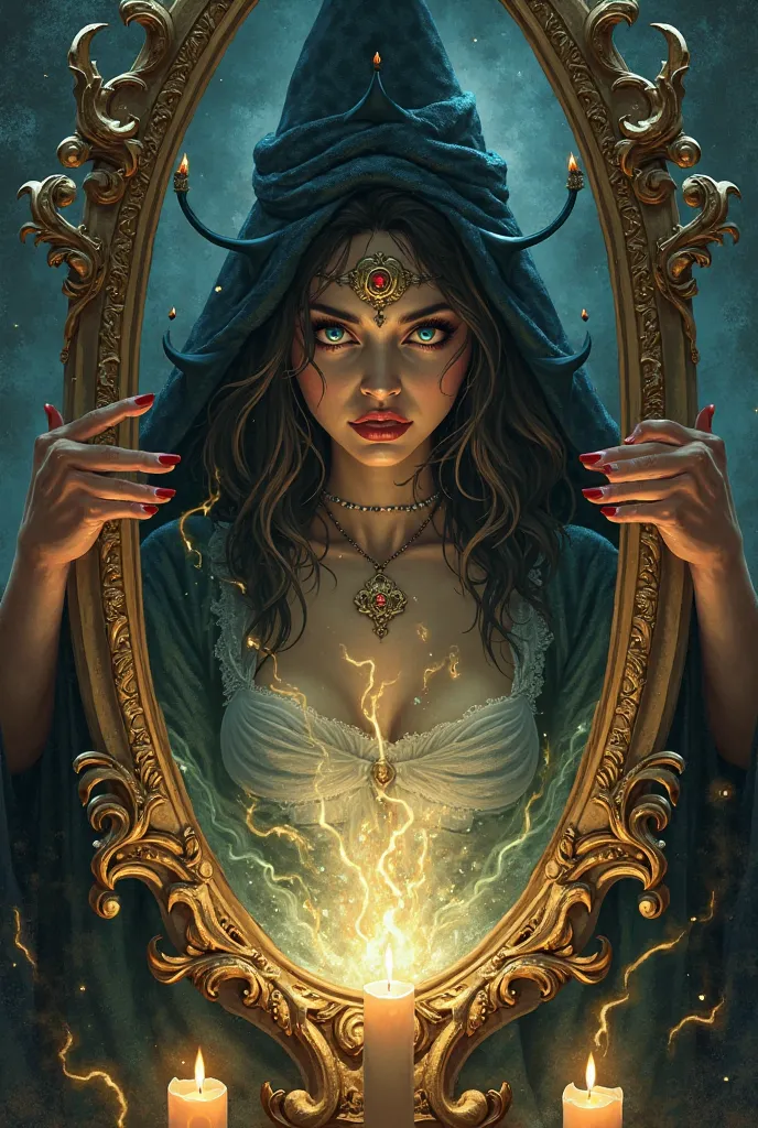  a witch doing spells, through a magic mirror and where she has a beautiful princess captive in the castle, this witch catches her and sucks all her beauty and the witch becomes young 