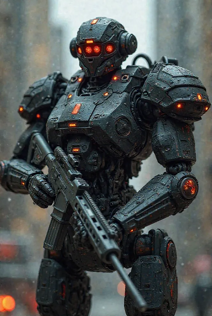 Super tactical Black killer robot with small red light around its body,with big four red eyes around its head holding a sniper gun with both hands,wearing a m60 bullet belt 