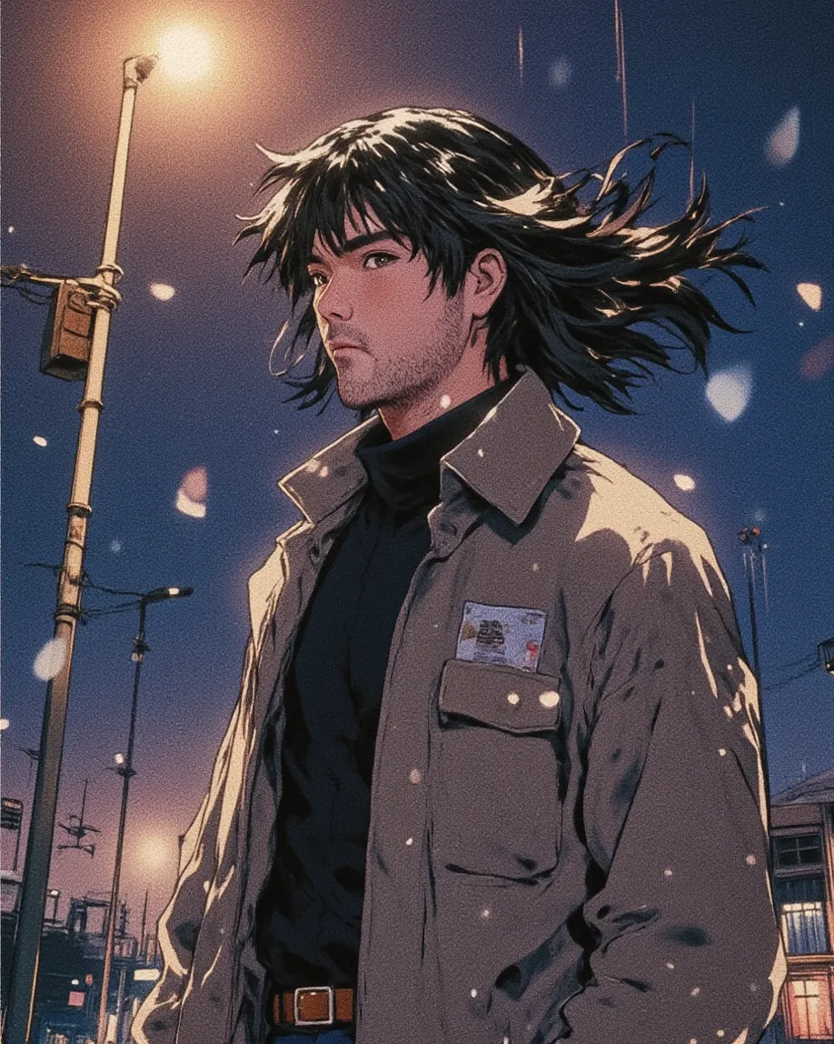 high resolution, rich contrast, best quality, anime style, Yossan , 1boy , solo
BREAK
(Walking in the Wind),  night city, wind, trench coat, hair, Fluttering , Street lamp,  after the rain, Sadness, stylish