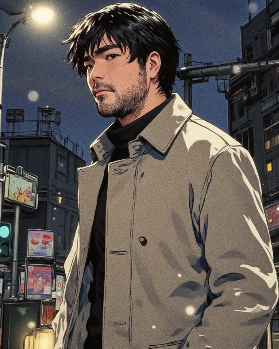 high resolution, rich contrast, best quality, anime style, Yossan , 1boy , solo
BREAK
(Walking in the Wind),  night city, wind, trench coat, hair, Fluttering , Street lamp,  after the rain, Sadness, stylish