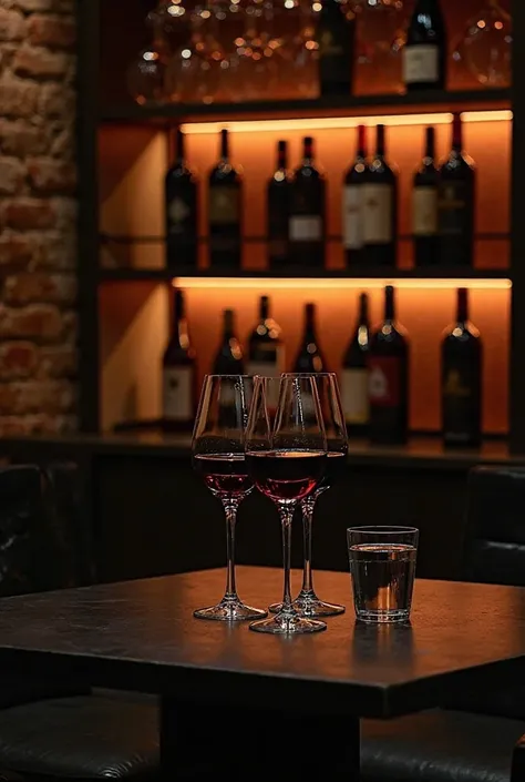 The scene is set in an elegant wine bar or cellar with dim, warm lighting. A sleek black table is in the foreground, adorned with two tall wine glasses filled with deep red wine, reflecting the ambient light. A short glass of water sits nearby, adding cont...