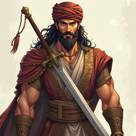    one man  , Arabic features ,beard ,   wearing an ornate dress ,   brown turban   , He carries an Arab sword ,  Hazel eyes   , sharp eyes , Strong body , muscular ,Wise Arab facial features,light,(anime style)