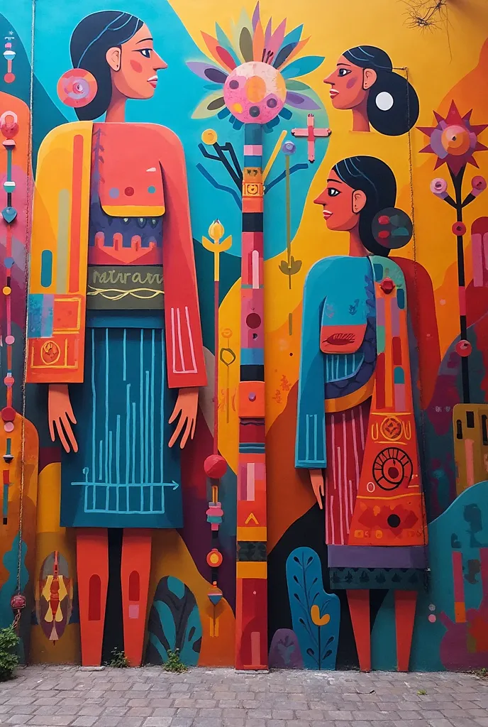 You can design a mural 6 meters long by 2 meters high for a restaurant with Andean but abstract figures, with bright colors

