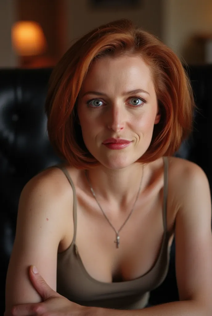 Realistic photo by Dana Scully, naked tits; (Dana Scully smiles),  red hair, Bob haircut, (), feminine body, perfect anatomy, perfect fingers, natural pale skin, Dana Scully sits in a chair, living room, The photo shows the natural beauty of Dana Scully, t...