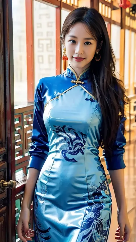    Fashion Models ， [[[[ close]]]], [[[[rapeseed]]]], [[[[shoulder]]]],  Perfect Eyes,   Perfect Iris  ，Perfect Lips，Perfect Teeth，  perfect skin，  white skin， high dynamic range ，Movie Girl，(  )，(  high resolution face)，(( blue latex chinese dress :1.5)))...