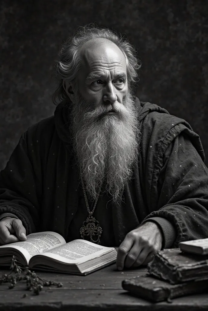 

"Create a black and white image of a wise Renaissance scholar with a long, flowing beard that exudes wisdom and knowledge. The scholar should be depicted in a contemplative pose, surrounded by ancient books and scrolls. The background should be dark and ...