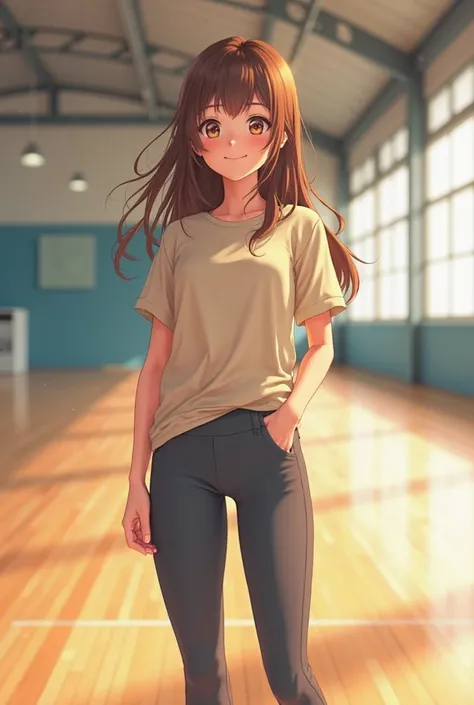 A close view of young anime woman standing in a sports hall, with long brunette hair and brown eyes, wearing biege t-shirt with short sleeves and dark grey yoga pants, wearing white sneakers, looking with smile