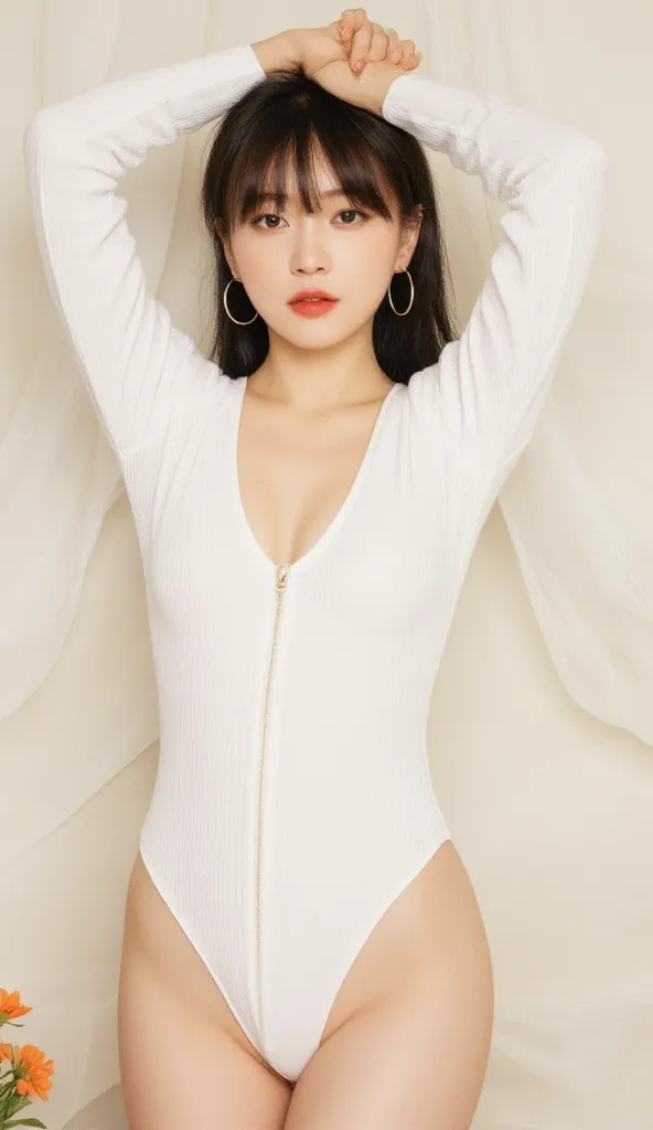 A young woman with a slim physique poses elegantly in a stylish, modern white bodysuit with long sleeves and a subtle textured pattern. The bodysuit features a front zipper that extends from the neckline to the mid-torso. She has a fashionable hairstyle wi...