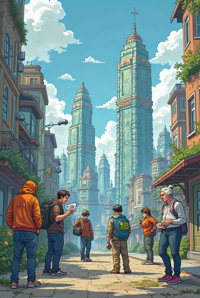 "Create a funny cartoon showing a futuristic city where skyscrapers are labeled as NFTs, and a group of crypto bros in hoodies are trading deeds like trading cards. One guy is holding a tiny house token labeled '1/1 Rare Beachfront Property,' while another...