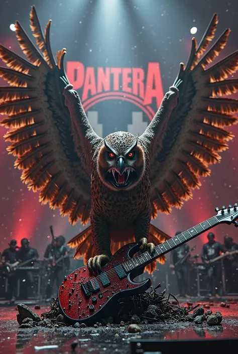 Generate an image of an owl smashing a guitar on stage for a band called Pantera. Make it cartoon style.
