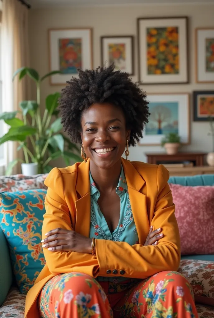 I want a picture of a cheerful black woman showing the decoration of her living room.