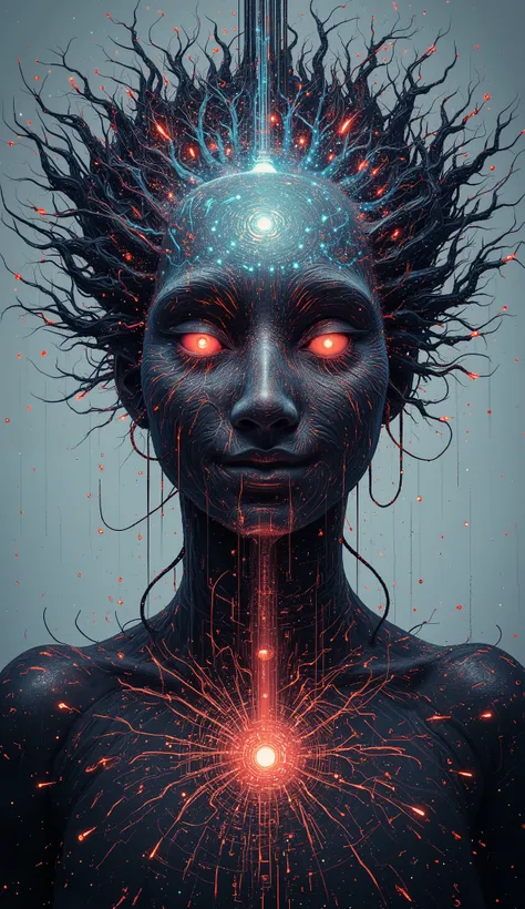 In the depths of a surreal greek AI human hybrid consciousness, intricate transhuman ,an intricate network of shadowy algorithms and data streams pulse joyously and ominously connected with human mind . The main subject of the painting is an otherworldly a...