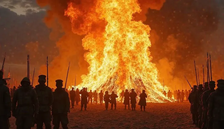 A massive bonfire blazes fiercely, its flames reaching high into the sky. The fire's glow reflects off the terrified and amazed faces of onlookers standing at a distance. Soldiers and executioners stand near the fire, ensuring its intensity remains. The sk...