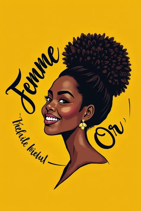 Logo d'une boutique de produits de beauté '' femme en or''' en couleur jaune et noir  d'une femme africaine souriante avec le nom de la boutique écrit autour du logo en français dans un fond jaune 