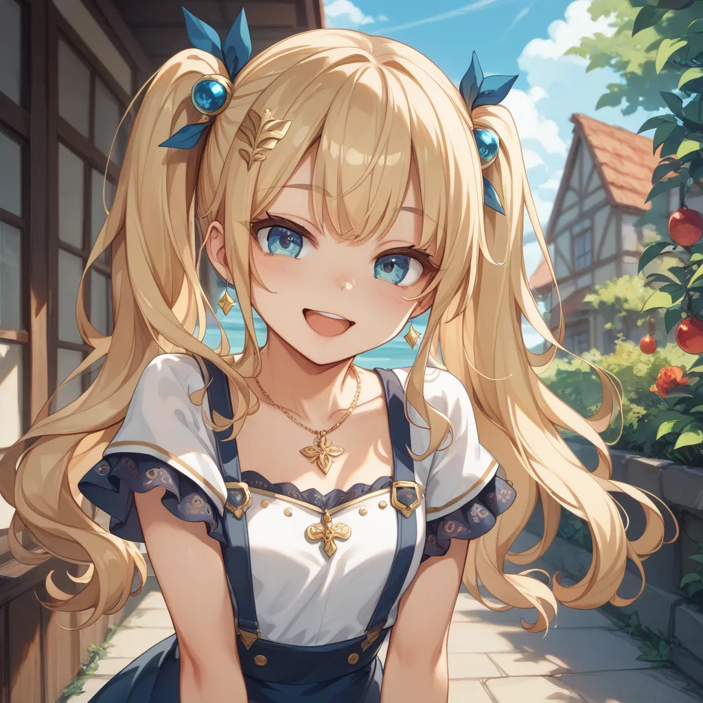  Gold、small hair ornament、twin tails、long hair、 eye larger、Keep the outer corner of your eye high 、lashes slightly longer、Small nose、Open your mouth slightly、smile、18 years old、Lean forward、Short sleeve、Chest Exposure、 pendant