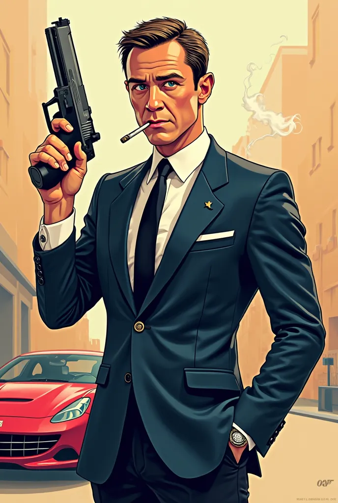 Create a cartoon image of 007 with a gun and a cigarette