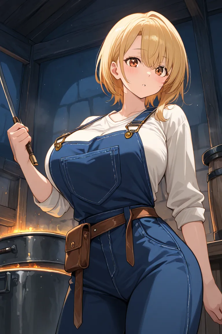 Anime girls:

tan-skinned young woman of average height with short blonde hair,big breast and hips,slender body,brown bright eyes.wores blacksmiths overalls in dark blue colour.

Background:Her Blacksmith garage.
