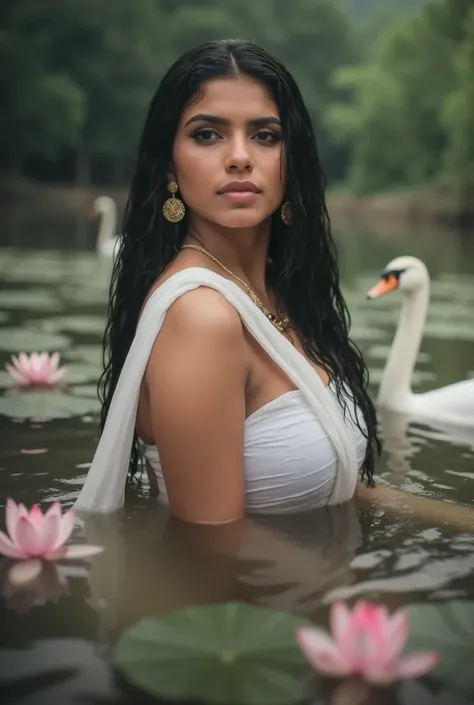 Indian busty woman emerging gracefully from a large beautiful forest pond filled with blooming pink lotus flowers. Few swans are also swimming nearby. Wearing thin and long golden chain on neck, golden ear rings and a nose pin with a gem stone on right sid...