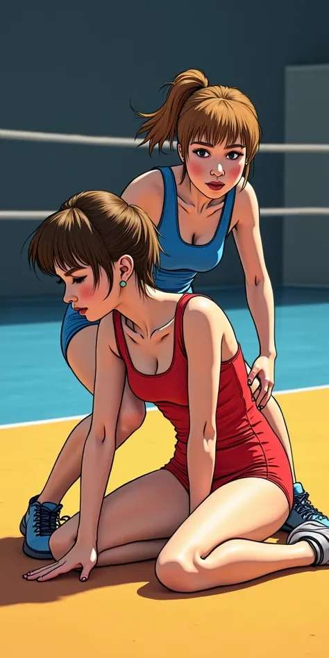 ultra detail, anime style. Match from the eighties . a female in a red freestyle wrestling singlet is on all fours in the center of the mat, and a female in a blue freestyle wrestling singlet is holding it from behind