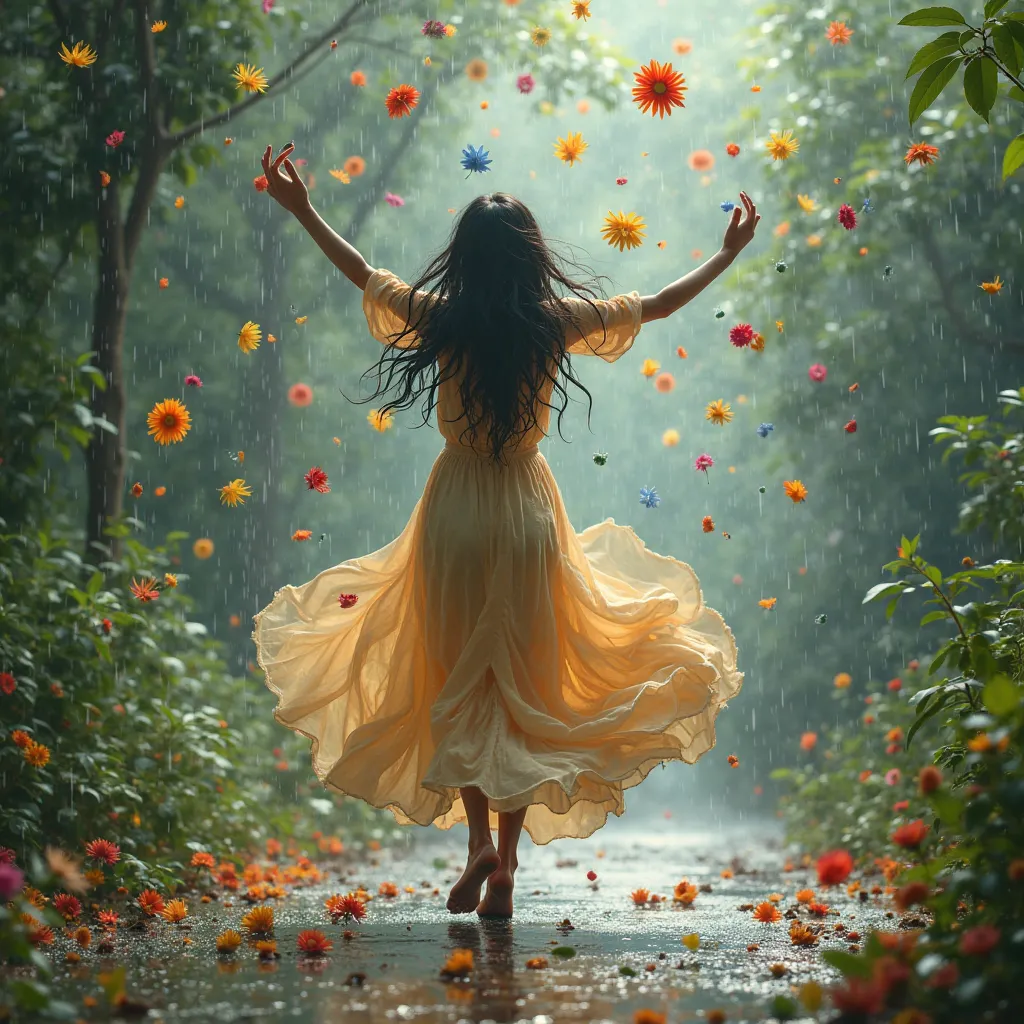 A woman with dark hair dancing in the rain barefoot, trowing flowers in the air