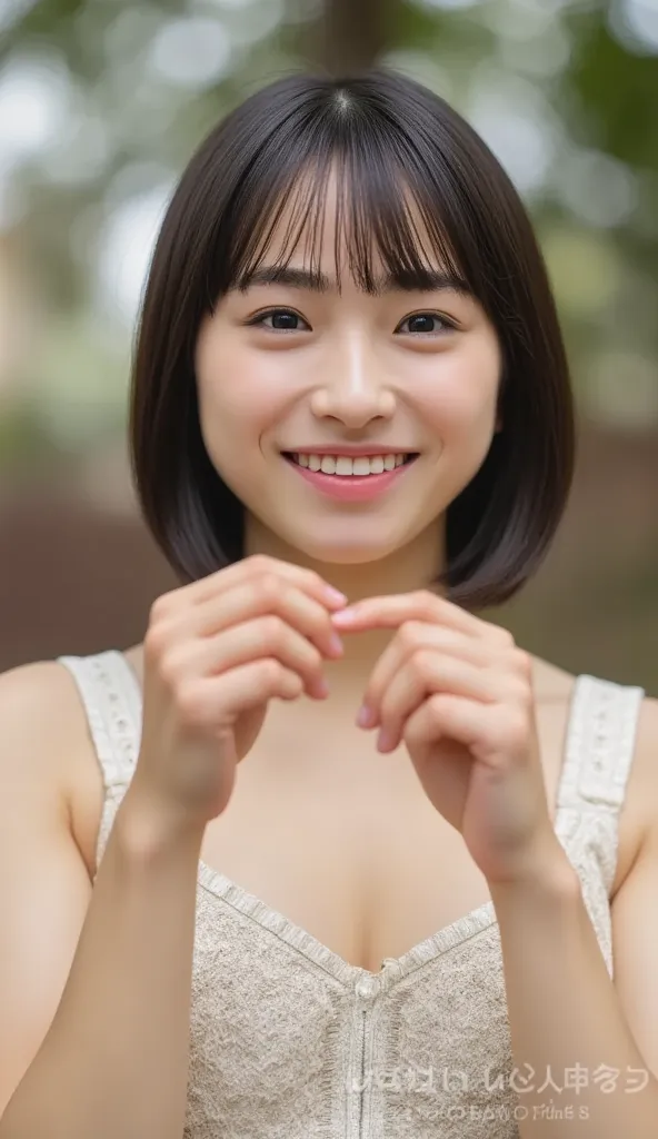 She wears a camisole, makes a heart shape with both hands, and poses in front of her chest, Close-up shot of winking and smiling