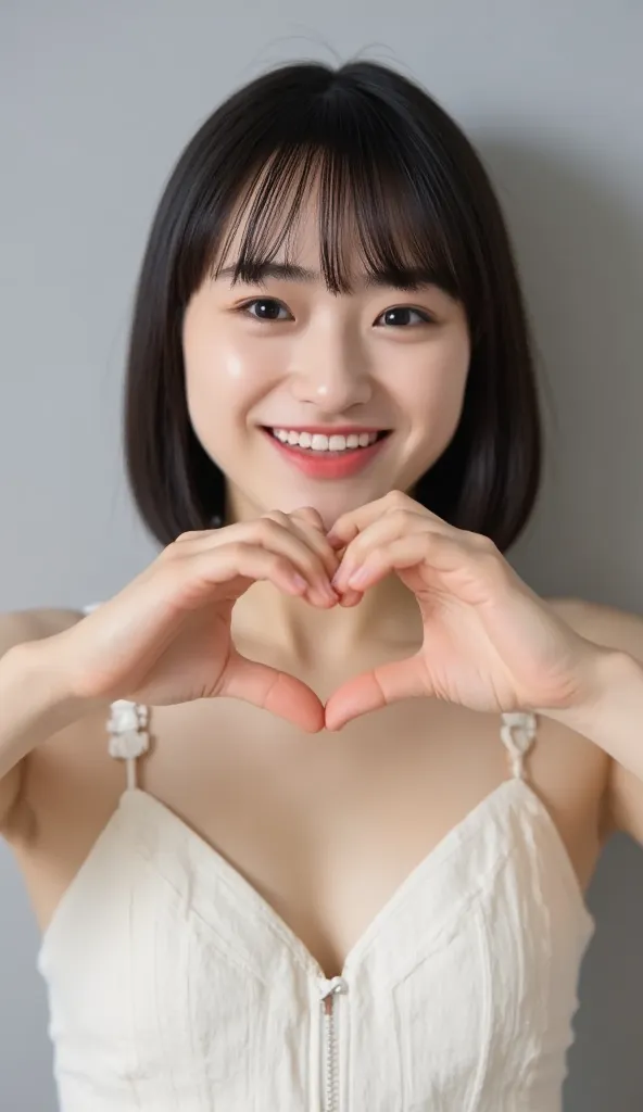 She wears a camisole, makes a heart shape with both hands, and poses in front of her chest, Close-up shot of winking and smiling