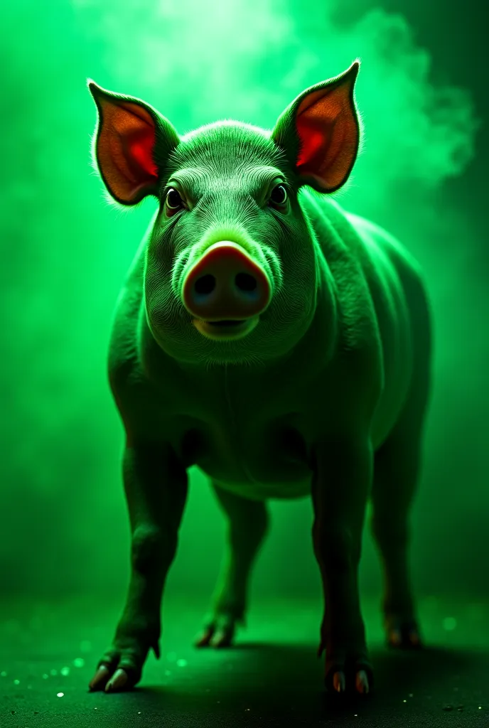 A humanoid pig with vibrant green skin and pronounced muscles, boasting a human male face and a distinctly defined mouth, gazes intently into the camera. The smoky, green neon atmosphere envelops him, accentuating the bold contours of his physique. His fie...