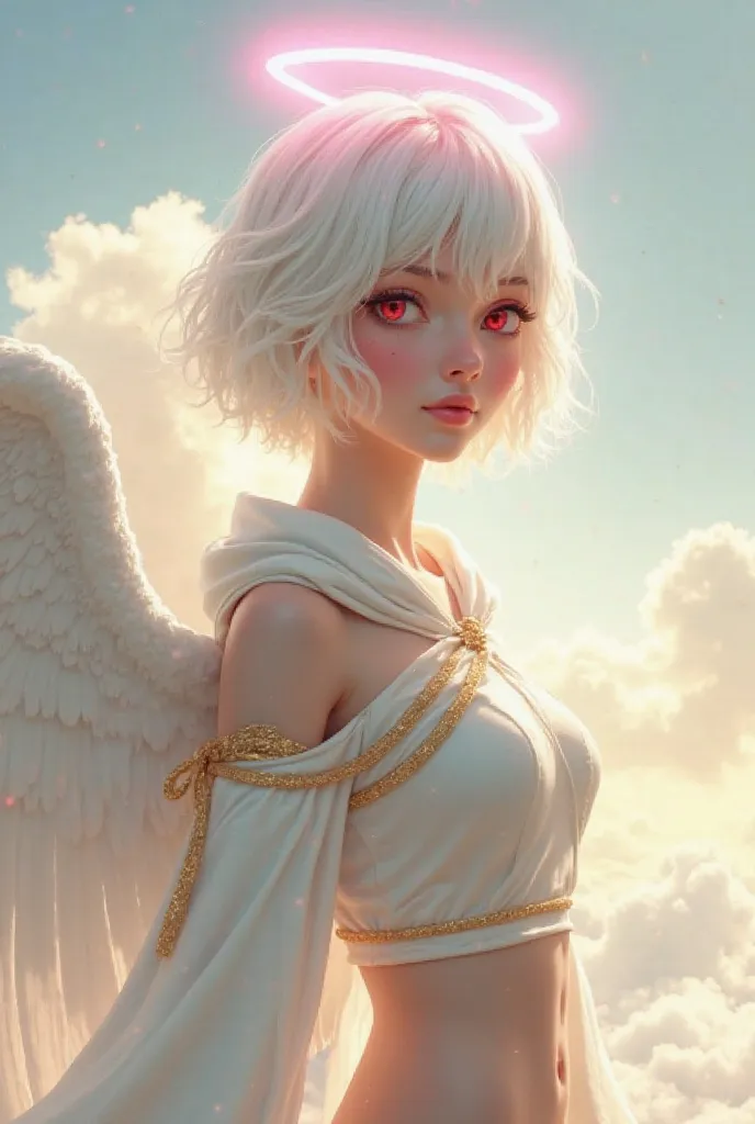 Realistic female angel image with short white hair
Youthful face and delicate features
red eyes with a friendly and trusting tone
With a pink halo over her head, gold band over her ears.
Wear invisible clothing with gold trim and a hood over your shoulders...