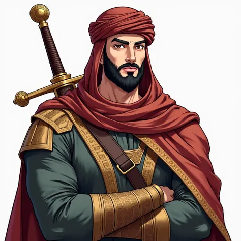    one man  , Arabic features ,beard ,   wearing an ornate dress ,   brown turban   , He carries an Arab sword ,  Hazel eyes   , sharp eyes , Strong body , muscular ,Wise Arab facial features,(anime style)