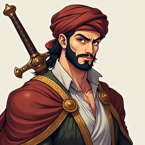    one man  , Arabic features ,beard ,   wearing an ornate dress ,   brown turban   , He carries an Arab sword ,  Hazel eyes   , sharp eyes , Strong body , muscular ,Wise Arab facial features,(anime style)