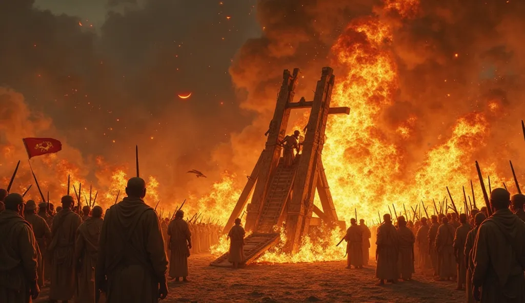 A giant wooden catapult stands at the edge of a burning pit. Prophet Ibrahim (AS) is bound, yet his face remains calm and full of faith. Soldiers prepare to launch him into the fire. The crowd watches in horror and curiosity. The scene is illuminated by th...