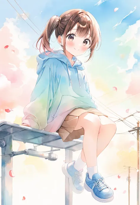 (ultra detailed:0.7), cover image, (soft pastel tones, watercolor, (bright color:1.3), transparent, gradation, harmonious and calm atmosphere:1.1), 
1girl, , Elementary school girl, brown hair, big eyes, black eyes, ((red round eyewear:1.2)), side ponytail...