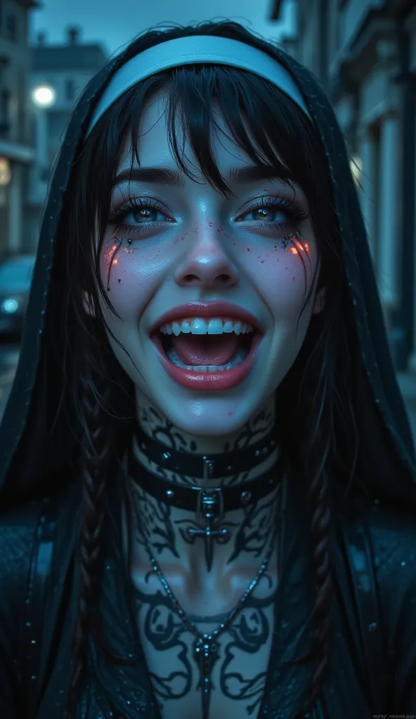 A close-up shot of a psychotic, grinning yandere nun, her face partially obscured by dark, wet strands of hair. Her pale skin contrasts sharply with the shadows, and her eyes glisten with a disturbing, unhinged gleam. The rain drips down her face, enhancin...