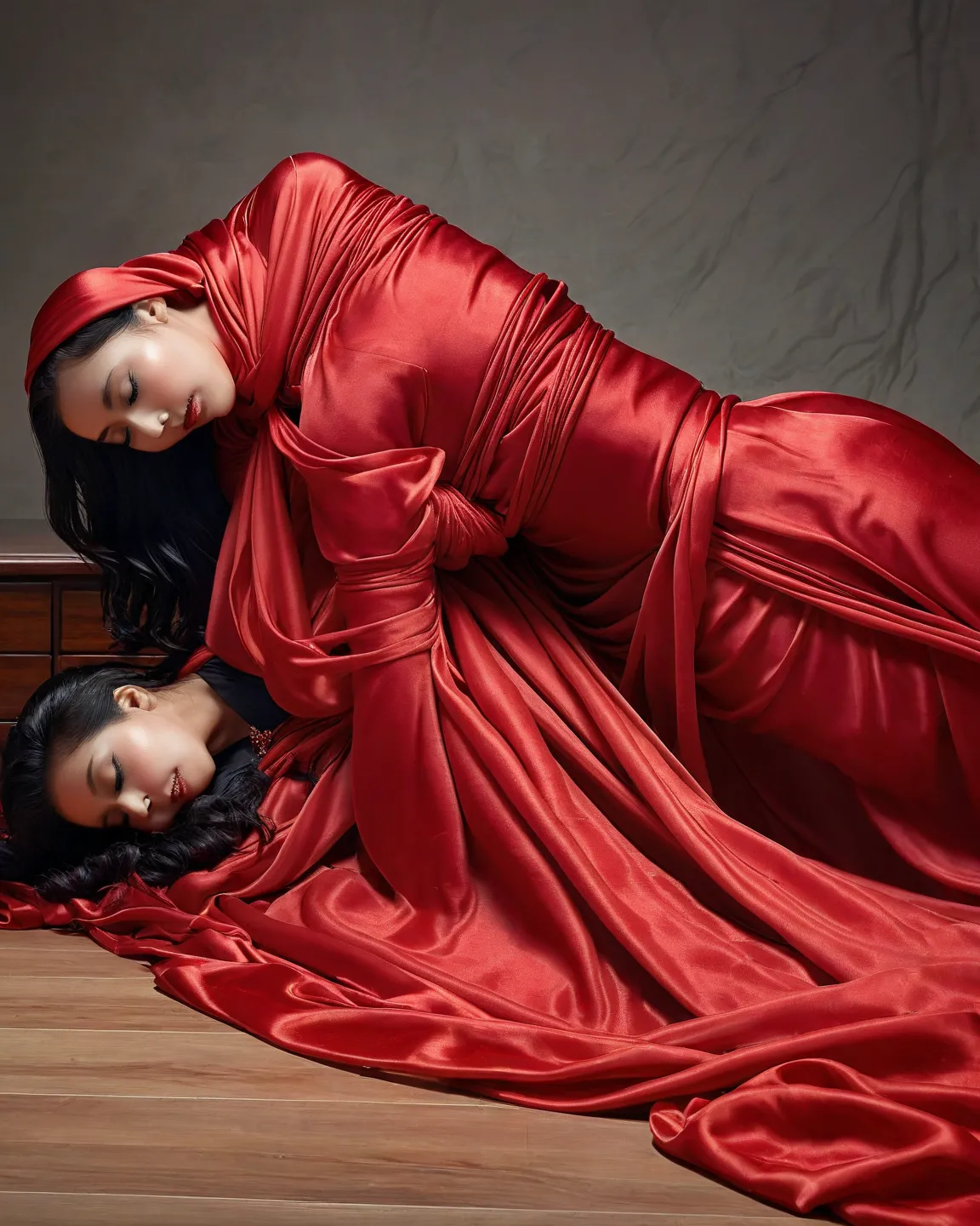 A women shrouded in a 10-meter-long, plush red silk cloth, slim body with big breast, tightly bound and grandly draping along the form of her body, flowing off into a pooled floor-length train, styled in a mermaid-inspired outfit, her head modestly veiled ...