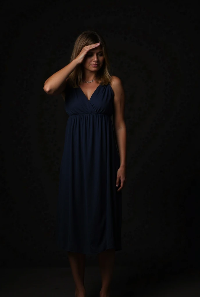 A sad crying woman standing on her knees with her hand on her eyes wiping away the tears. She has medium dark blonde hair and wears a modest deep blue dress that covers her legs. The background is all black but a light shines upon her. 