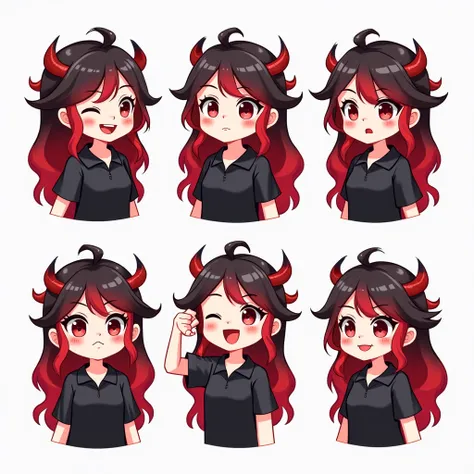 I would like, that you create for me a set of personalized emojis for Twitch with the following features: Character : A Vtuber with an anime Character silent . from: red female Demonangel, long and slightly messy design with soft waves . fuchsohr: red blac...