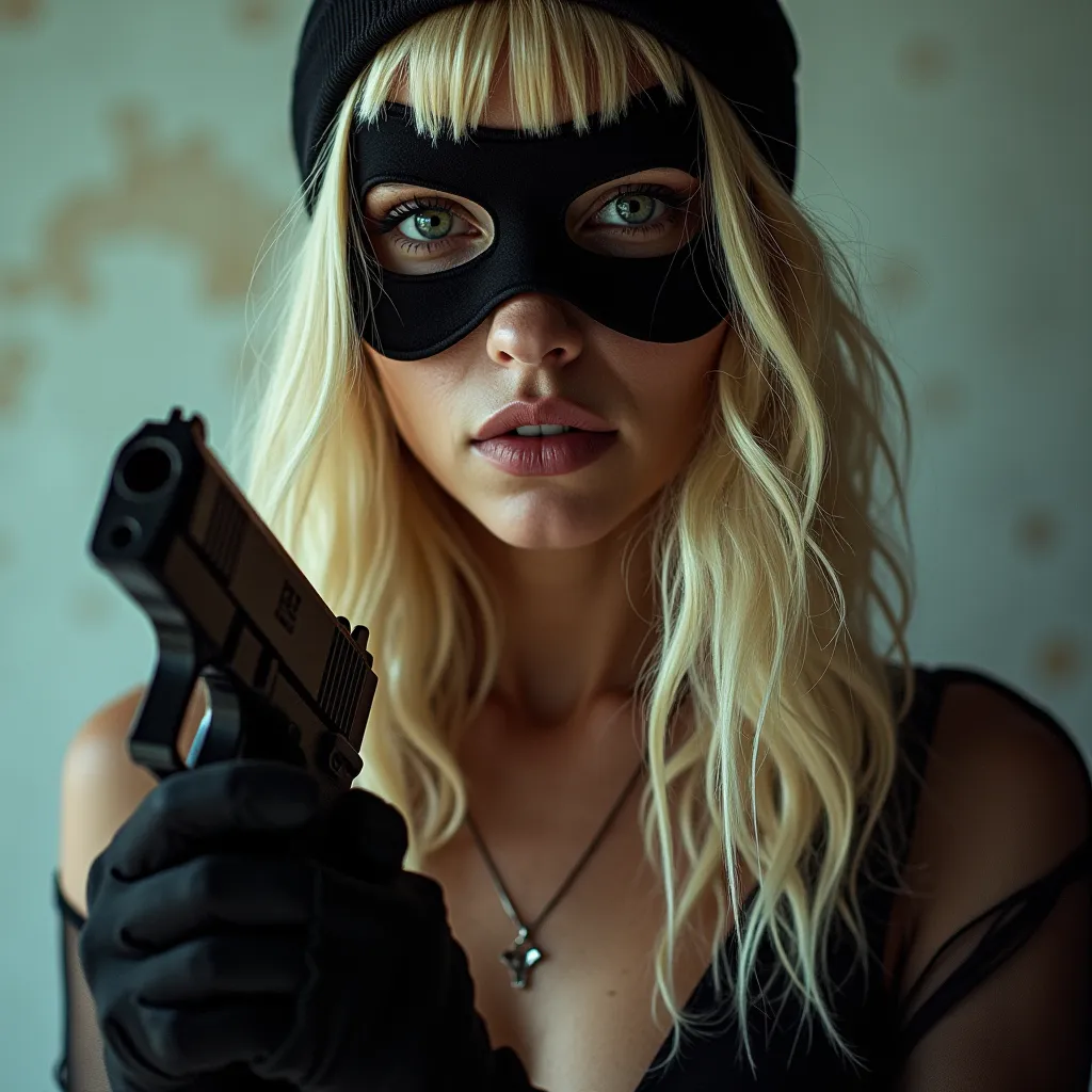 Blonde girl with gun and ski mask,  with  "BABY GIRL" in rap album cover style