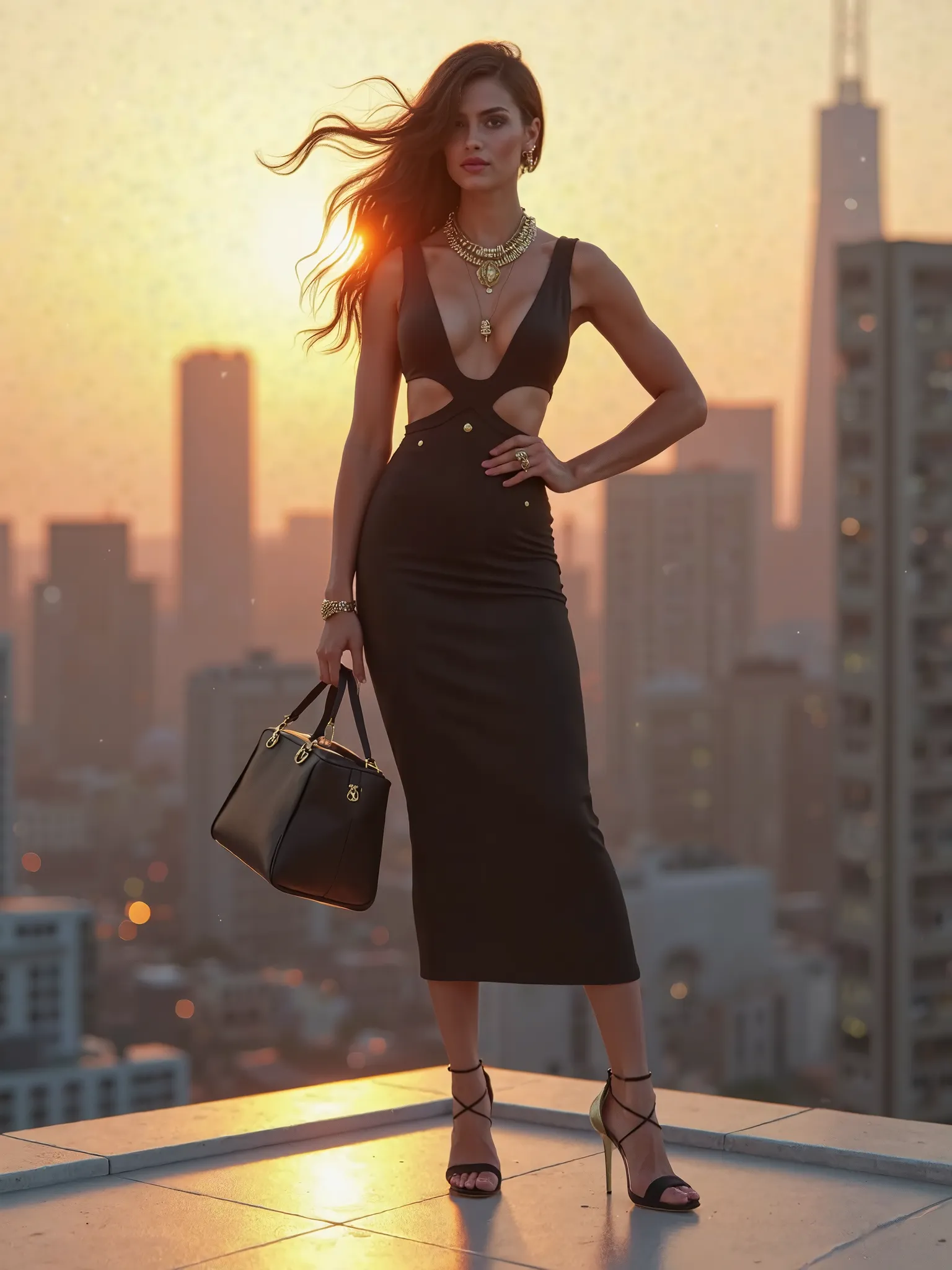 `(Stylish woman standing on a sleek city rooftop:1.4), (one hand resting on hip:1.3), (opposite hand holding a designer handbag:1.2), (bodycon midi dress with asymmetrical cutouts:1.5), (strappy high heels:1.3), (wind-blown sleek ponytail:1.2), (gold layer...