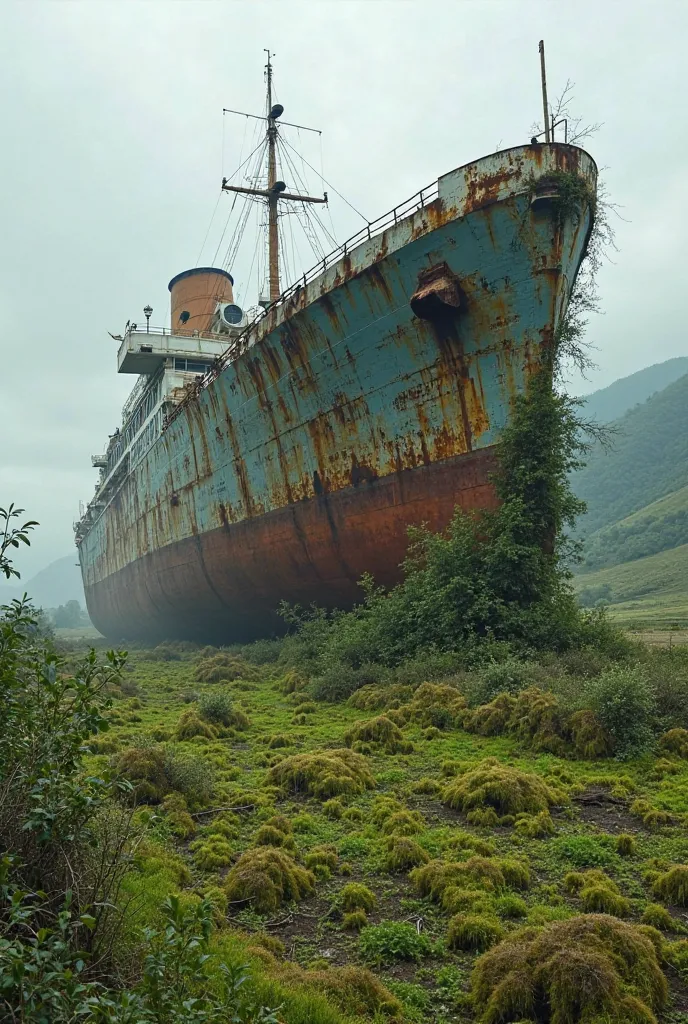 An old passenger ship is rusting and moss and trees are growing in a large field in Korea