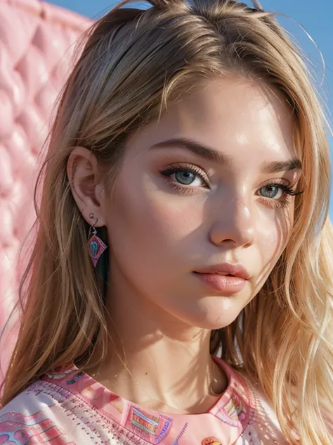 Imagine a pale dewy skin Russian model with big luscious lips and voluminous long crazy messy hair, front portrait looking straight at the viewer, wearing elegant colorful makeup and pink blush on her cheeks. She's wearing vibrant patterns of high fashion ...