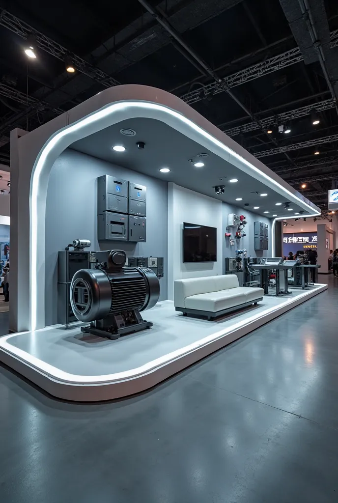 Create an exhibitor that uses LED light and values the customer's product, which are motors and inverters, Use colors like gray and graphite. The display may have curves and let the customer see the product from all sides. At some point enter the product d...