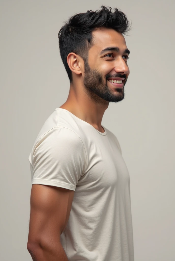 A realistic young Moroccan man, around 25 years old, with short black hair and a light beard. He has a confident and friendly smile. He is standing in a full side profile position, facing completely to the right. His posture is natural and relaxed, with hi...