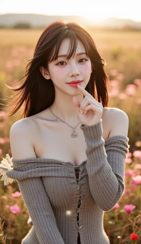   software,high angle、looking at the camera、   Wear a greige 、Wear a strapless off-the-shoulder sweater、Sheer details、An expression with an ephemeral sex appeal、 Gentle and Gentle Smiles ),  gesture of putting hand on mouth、Pose where you raise one arm beh...