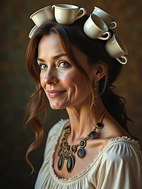 Generate a portrait photograph in high definition , surreal  ,  medium plane ,50-year-old woman, blue eyes, long brown hair , body turned to the left and looking straight ahead, Tronie style , human skin, ,coffee filters on the neck ,
several cups of coffe...