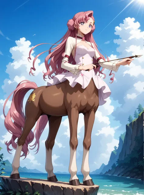 score_9, score_8_up, score_7_up, score_6_up, score_5_up, score_4_up,euphemia li britannia, doughnut hair bun, hair bun, hair flower, hair ornament, long hair, pink hair, purple eyes,
1girl Centaur tribe, standing on a high cliff overlooking the sea, horse ...