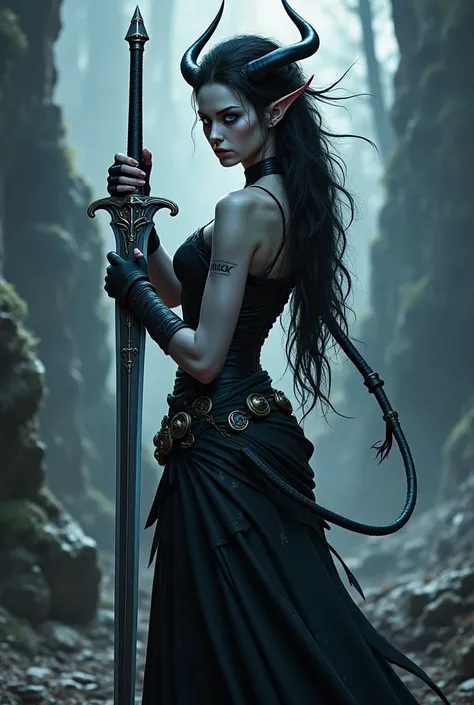 Tiefling Woman with Ash Colored Skin and Sword, small horns and blue eyes 