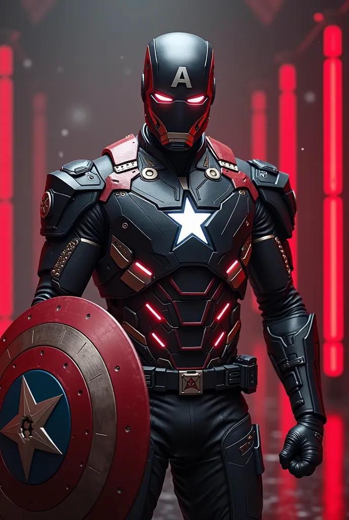 Captain America wearing Iron Man's Mark 85 armor, redesigned in a black and red color scheme with silver accents, inspired by HYDRA. The HYDRA logo (octopus) is on the chest instead of the star. He holds his iconic vibranium shield, positioned forward in a...